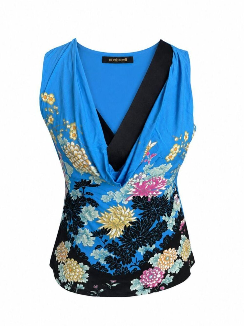 Roberto Cavalli Vintage S/S 2003 Chinoiserie Cowl Neck Floral Printed Top